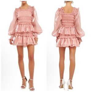 ENDLESS ROSE Women’s Size S Pink Metallic Sheen Long Sleeve Ruffle Mini Dress